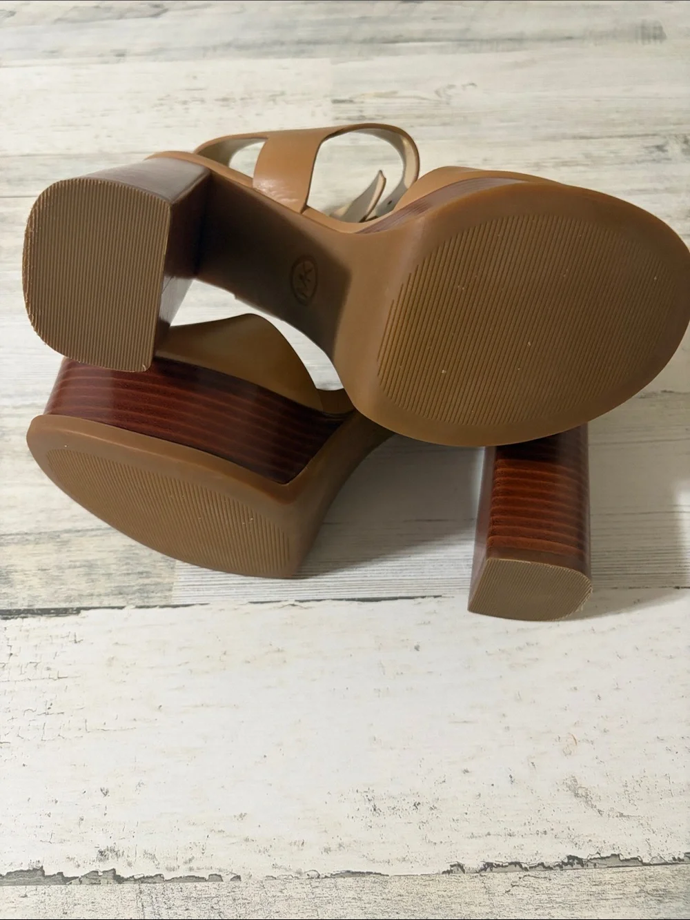 MICHAEL Michael Kors Tan Colby  Platform Block Heel Sandals with Gold Buckles